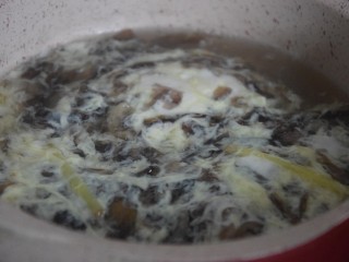 紫菜蛋花汤,一边搅拌一边倒入蛋液，再次中火煮开
