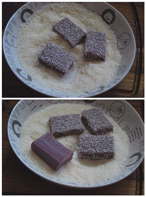 紫薯凉糕,将冷藏好的紫薯凉糕取出，用刀切成合适小块，将切好的凉糕在椰蓉里滚一滚，使表面均匀蘸上一层椰蓉，就可以装盘食用了。
