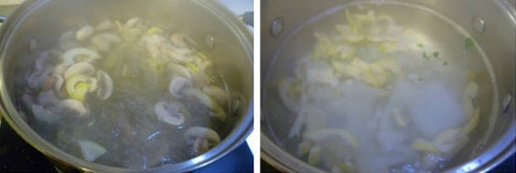 鲜蔬粉皮螺丝汤,清水烧开，放入笋片和蘑菇煮开
