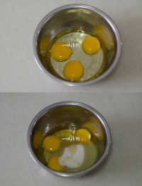 无水脆皮小蛋糕,鸡蛋液放到一个适合的盆中，将白砂糖+蜂蜜和鸡蛋混合一起打发