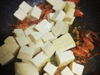 虾仁豆腐煲,放入豆腐块继续翻炒，如果是内脂豆腐，翻炒时要轻一点，不然都碎掉了，内脂豆腐可以不用翻炒，轻轻晃动锅，只要不糊底就行了。
