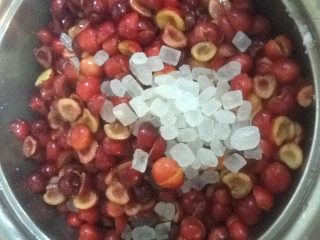 樱桃酸奶,将樱桃放入锅里。加冰糖 。樱桃和冰糖的比例为4：1