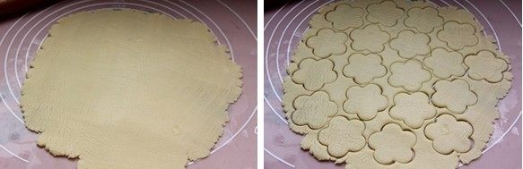 蜜桃酱饼干,在案板上撒高筋面粉防黏，将面团擀成5毫米厚的面皮。先用花形模具按压，再用圆形模具在一半数量的花形中心按出圆形。