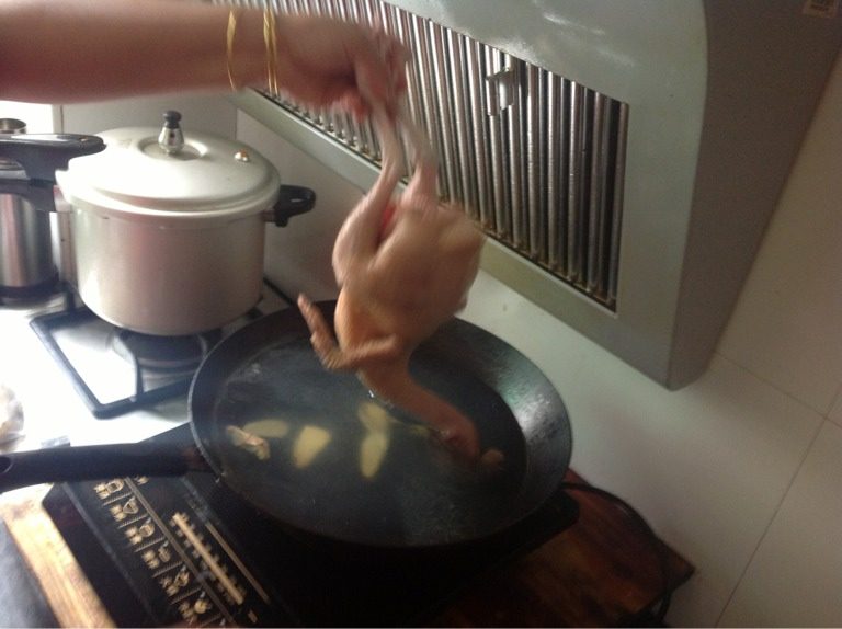 白斩鸡,整只鸡的表皮都要烫，放锅里烫下，提起，再放回锅里烫