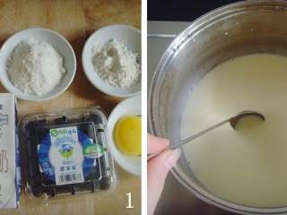 蓝莓蛋挞,淡奶油、牛奶、糖全部倒入小锅中，小火加热慢慢搅拌至糖完全融化即可;