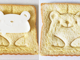 小熊牛油果三明治,在拿出小熊表情模具，对步骤8中的土司进行压扣