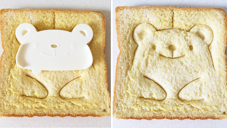 小熊牛油果三明治,在拿出小熊表情模具，对步骤8中的土司进行压扣