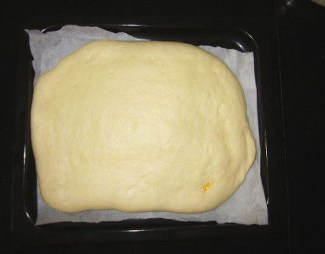 黄桃香酥面包块,将发好的面团取出，用手轻压排气，揉圆，放一边松驰15分钟。将松弛好的面团擀成长方形，放进烤盘里。
