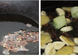 油酱脆藕,锅中倒入油，五成热时放入花椒煸香，放入葱、姜、蒜煸香。