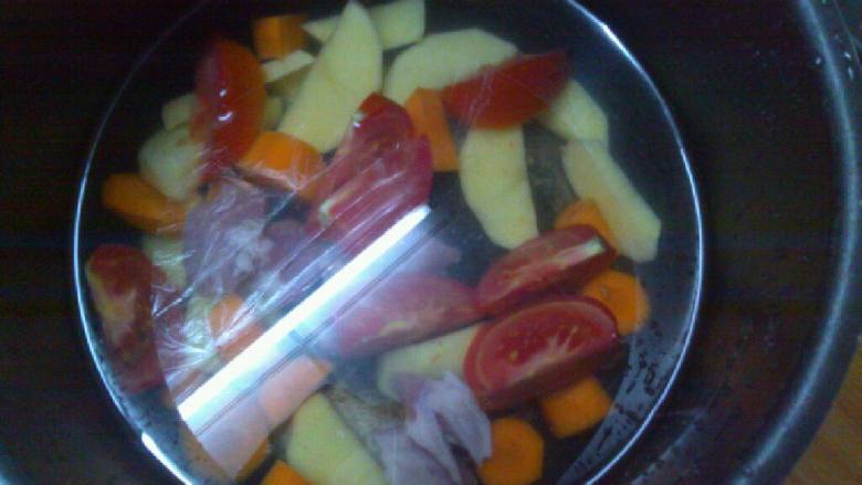 番茄土豆红萝卜瘦肉汤,放清水把切好的材料放到锅里面。把切好姜和猪肉一起放下去。