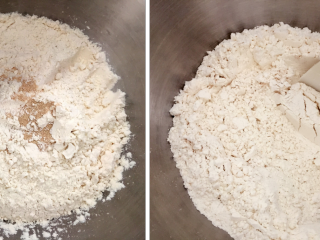 宝宝版拉丝超软吐司—一次发酵，快速方便！,把面粉和酵母提前用刮刀搅拌均匀
ps:这样可避免酵母和盐接触，因为盐会抑制酵母的发酵