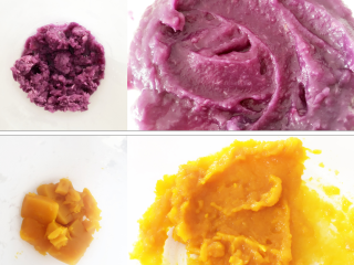 双色发糕,将蒸好的紫薯、南瓜取出，用勺子压成泥，然后过筛（用勺子碾压，紫薯泥和南瓜泥会从筛孔中跑出来，这样就会很细腻，成品比较漂亮），分别加入砂糖搅拌均匀。
》当然也可以用搅拌机，紫薯需把配方中的35g水加入一起搅拌，南瓜直接搅拌即可。