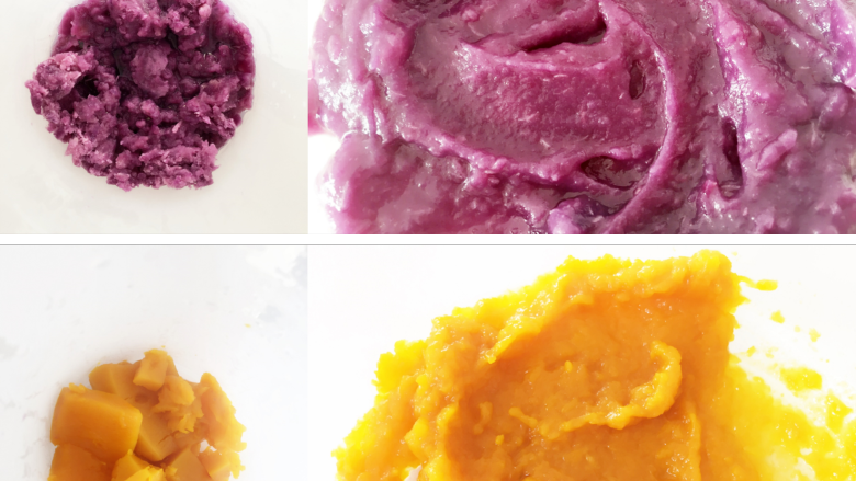 双色发糕,将蒸好的紫薯、南瓜取出，用勺子压成泥，然后过筛（用勺子碾压，紫薯泥和南瓜泥会从筛孔中跑出来，这样就会很细腻，成品比较漂亮），分别加入砂糖搅拌均匀。
》当然也可以用搅拌机，紫薯需把配方中的35g水加入一起搅拌，南瓜直接搅拌即可。