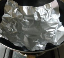 橙香烟熏鸡腿,取一个耐热的锅子，在锅子底部放上一张锡纸