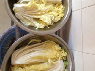 韩式泡菜,大白菜从中间一切两半，大的就切四半。一层层抹上盐，放盆里浇上些盐水，静放7个小时。