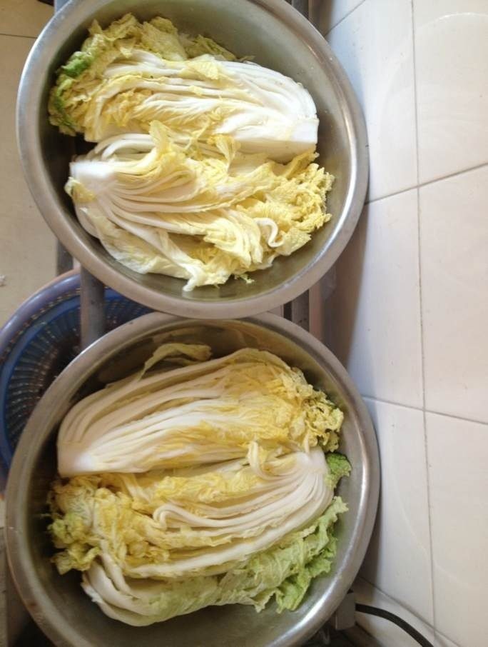 韩式泡菜,<a style='color:red;display:inline-block;' href='/shicai/ 113'>大白菜</a>从中间一切两半，大的就切四半。一层层抹上盐，放盆里浇上些盐水，静放7个小时。