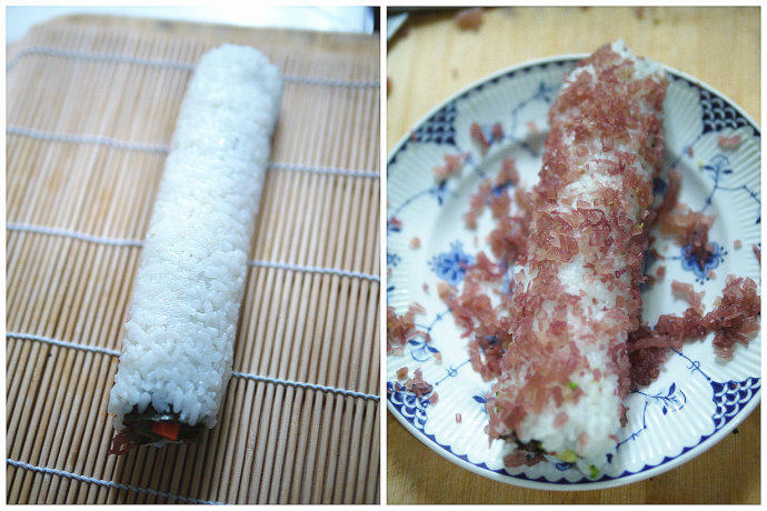 海草寿司,卷好的寿司，把血珊瑚草剁碎或者将切碎的西兰花碎铺在大盘子里，放上卷好的寿司外卷滚一圈即可。