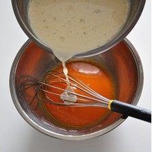 香草布丁,去除香草奶液中的香草豆荚，再次加热至触感温热，然后缓缓倒入蛋黄中，边倒边轻搅拌均匀。