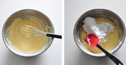  柚子乳酪蛋糕,把三分之一的蛋白加入之前的混合物中，用蛋抽轻轻拌匀。然后往里加入剩下的蛋白，用刮刀快速翻底拌匀。
