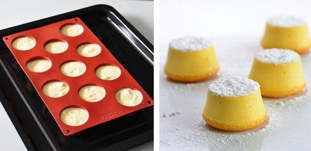  柚子乳酪蛋糕,预热烤箱160度。把面糊均匀分装入模至8分满，往烤盘中注入热水至模具一半高度，烘烤约45分钟。趁热脱     模。
