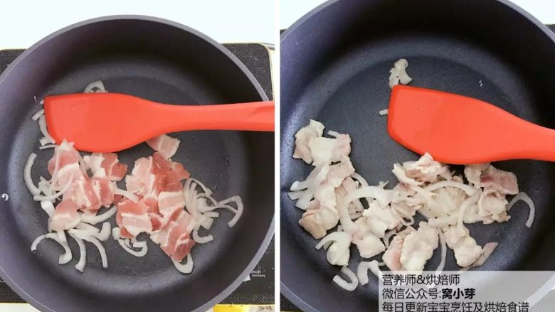宝宝辅食：日式土豆炖肉,加入猪肉片翻炒至变色。