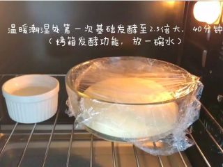 寶寶輔食：蔓越莓酸奶面包小方,將步驟7的面團放在碗中，覆蓋保鮮膜，溫暖潮濕處發酵成2.5倍大，耗時差不多40分鐘?？梢苑旁诨\屜上，然后在蒸鍋中加入半鍋40度左右的熱水，蓋上鍋蓋。也可以直接用烤箱發酵功能。
》發酵后，表面也膨脹變得更加平整。