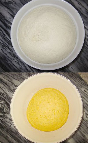 南瓜螺旋馒头,至面团发酵至2倍大即可，发酵好的面团取出，撒上一点干粉，再用力揉个10分钟左右至面团再次光滑
