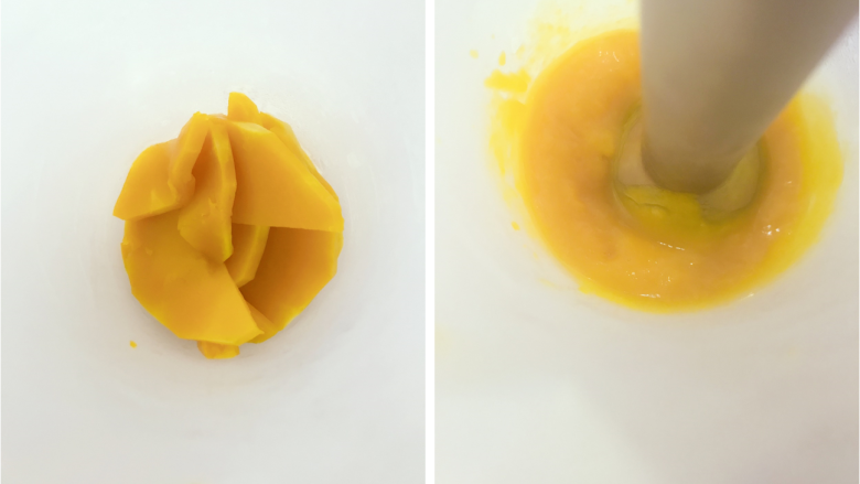 宝宝辅食：南瓜豆腐虾皮煲-8M+,在蒸熟的南瓜中稍稍加一点凉白开，用料理棒打成细腻的南瓜泥。
》没有料理机或料理棒的，直接用叉子捣成泥也可以。
》凉白开建议少加点，也可以不加