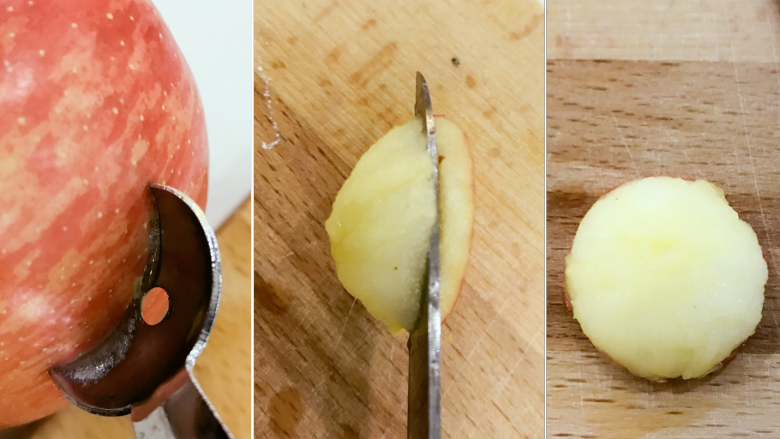 宝宝辅食：草莓苹果小红帽-18M+,用同样的方法，在苹果上挖一个差不多大小的圆块，如果用小勺子，挖下来可能会不太圆，没关系的，同样用水果刀修整成和草莓上缺口差不多大小的圆形就好。挖下来的苹果脸如果太厚，镶嵌上后凸出来不好看，可以用刀稍稍切薄点。