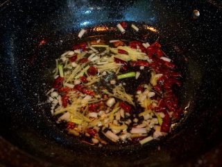 家常烧鲫鱼,锅底留油，放入少许干辣椒，生姜丝儿，大蒜末，葱白段