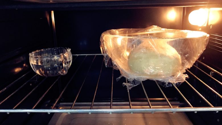 宝宝辅食：一颗虾仁包子-18M+,将揉好的面团放在碗中，覆盖保鲜膜，温暖潮湿处发酵成2倍大，耗时差不多30-40分钟。可以放在笼屉上，然后在蒸锅中加入半锅40度左右的热水，盖上锅盖。也可以直接用烤箱发酵功能。