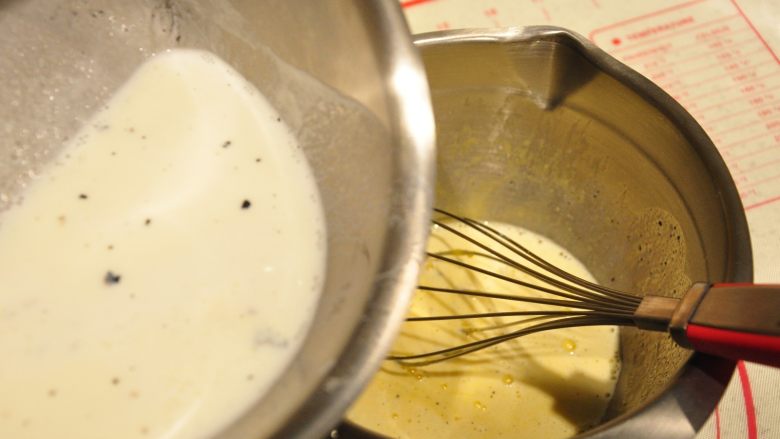 缤纷水果塔,煮好的香草牛奶分次加入倒蛋黄糊中，混合均匀。