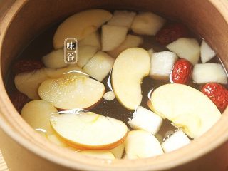 苹果梨子汤,放入适量清水。(水量：大约2L左右)盖上锅盖。大火沸腾后转小火煲1个小时。