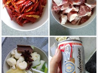 啤酒鸭,准备工作：鸭腿切块，干辣椒剪成辣椒丝，葱切段，姜切片，蒜稍微拍一下。