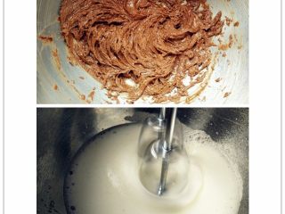 巧克力磅蛋糕,黑巧克力隔水融化，降温至40度左右，加入拌匀。将蛋白中分三次加入细砂糖，用电动打蛋器打发。