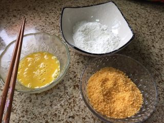 无油版黄金烤翅,准备好鸡蛋一个，打散，面包糠、还有面粉，也可以用淀粉；