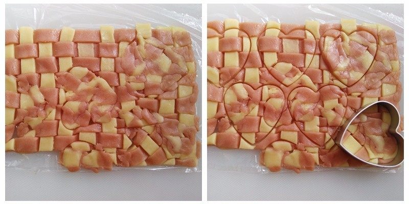 双色苹果酱曲奇饼干,边角碎料利用起来，把边角塞回被挖空的地方，再次印出形状，尽可能的全部利用起来
