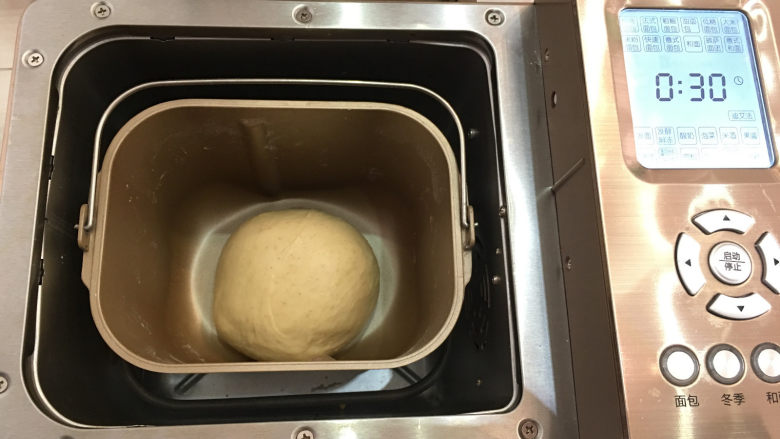 全麦蔓越莓奶酪包,将面团整理好，重新放回面包机中进行基础发酵，时间为30分钟。
