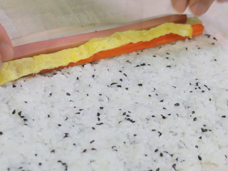 自制寿司,边缘留2公分的位置开始摆放上辅料。