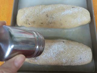 无油健康版 黑糖干果软欧,面包坯发酵到两倍大，表面筛低粉。烤箱上下火185度提前预热10分钟。