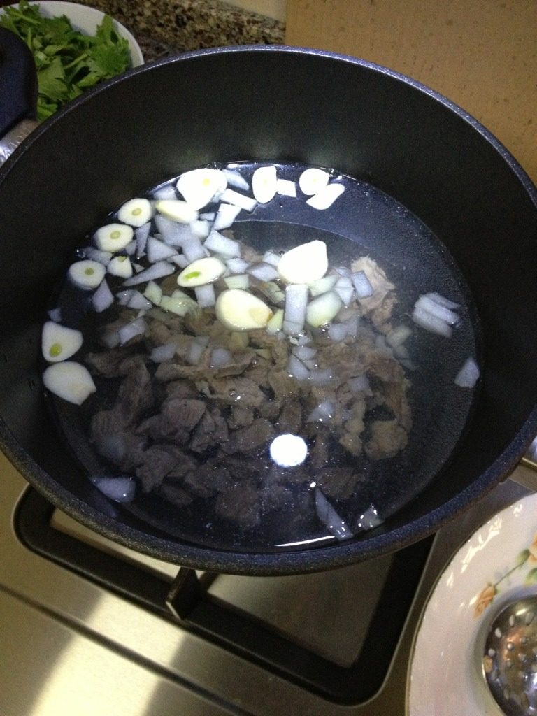 罗宋汤,准备好汤锅，倒入开水。然后把捞出的牛肉丁倒入汤锅，加入大蒜片和少许洋葱丁。烧开后转小火炖1小时。