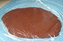 小熊猫饼干,将可可色面团铺在硅胶垫上，上面覆盖一层保鲜膜，用擀面杖擀成厚度大概3mm厚的大片