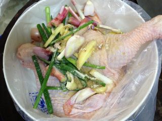 蜜汁叉烧烤鸡腿,把鸡腿放入塑料袋，加葱、姜、洋葱、白胡椒粉、料酒