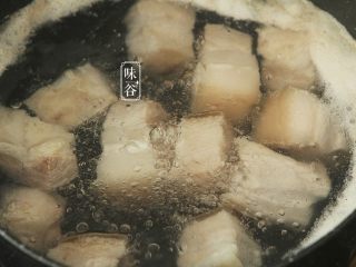 西瓜皮烧肉,把五花肉冷水下锅，放入姜片，水开后再煮2分钟，煮出血沫后捞起冲洗干净沥干水；