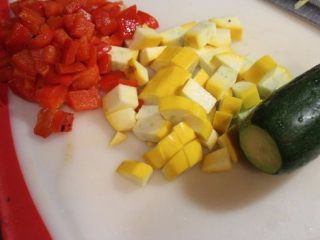 普罗旺斯炖菜,将甜椒、茄子、蕃茄及栉瓜都切成1～1.5cm小块。