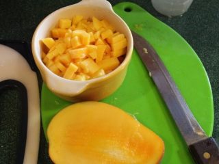 酪梨芒果莎莎酱,芒果也切小丁备用。