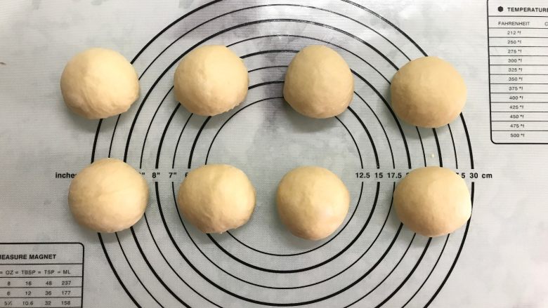 芝麻软面包,将一发后的面团分成8个小面团。滚圆后盖上保鲜膜静置松弛，时间为20分钟。
