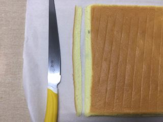 豹纹蛋糕卷，猎到你了吗？,油纸长的一边是末端，用刀往外斜切出一小条蛋糕