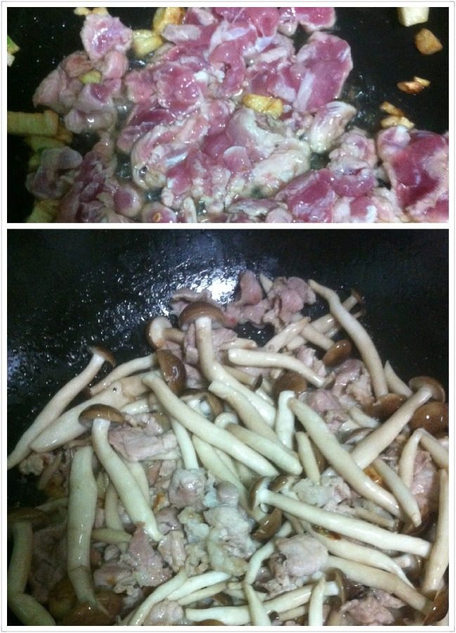 蟹味菇（真姬菇）炒肉,爆香蒜米加猪肉，猪肉半成熟时下蟹味菇、料酒