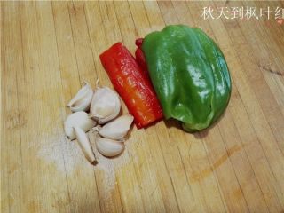 夏季快手菜--微波蒜蓉丝瓜,准备青红椒和大蒜；